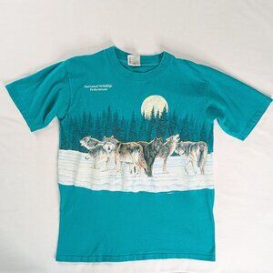 VTG Teal Green Winter Forest Moon Wolves Graphic Print All Over Print Tee Shirt
